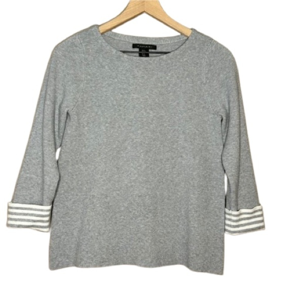 Women's M Tahari Pullover Sweater Gray White Striped Cuffs Warm Heavy